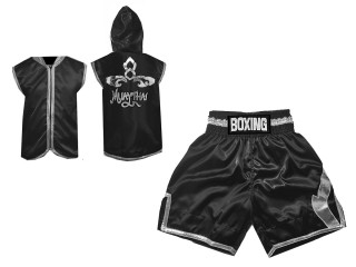 Boxing Kits - Custom Boxing Hoodies and Boxing Shorts : KNCUSET-008-Black-Silver Boxing Kits - Custom Boxing Hoodies and Boxing Shorts : KNCUSET-008-Black-Silver