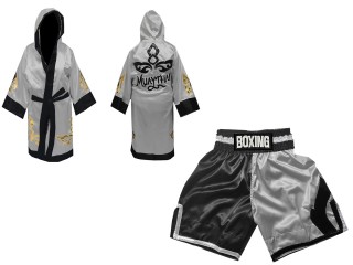 Custom boxing shorts and robe : KNCUSET-105-Black-Silver Custom boxing shorts and robe : KNCUSET-105-Black-Silver